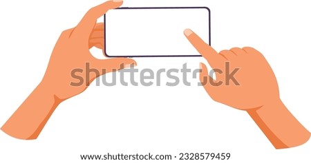 Hand holding mobile phone with finger tapping on blank screen, touch application menu, take foto,  record or play video on smartphone. Mock up, template. Flat vector illustration