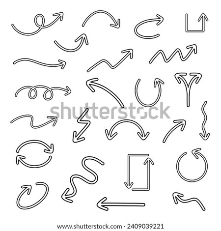 Set vector of arrows isolated on white background. Arrow vector icons set. Hand drawn ink freehand different curved lines, swirls arrows, up, down, straight, turn, round