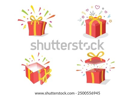 Set of surprise red gift boxes with yellow ribbon, for birthday celebration, xmas, give away package, loyalty program reward, wonder gift with exclamation mark, open and close box present, vector icon