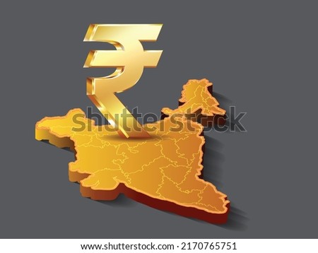 Golden Rupee Currency symbol with India map. golden Indian rupee and 3d india map.