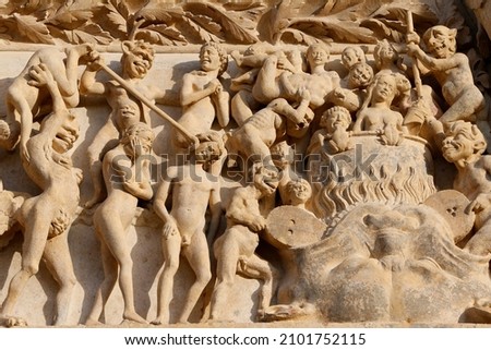 The damned are hurled to Hell. The last judgment. Western portal. Bourges cathedral.  France.  Photo stock © 