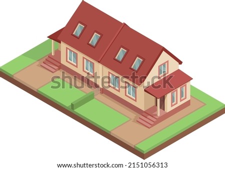 Isometric semi-detached house with attic floor. Vector illustration.