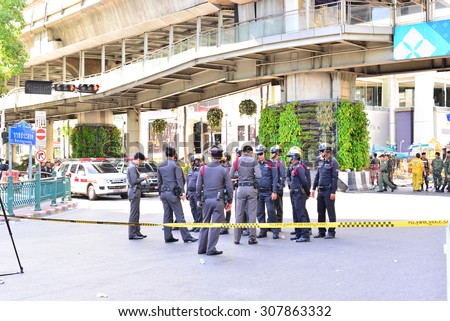 Bangkok, Thailand - August 14, 2015:The police to investigate the crime scene and collect evidence.Ratchaprasong Junction.