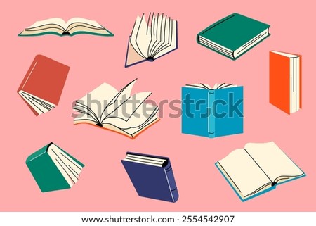 Colorful Set of Open and Closed Book, stickers collection, clip art. Educational theme, scientific and fiction literature. Vector illustration