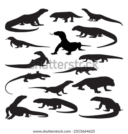 komodo silhouette set collection isolated black on white background vector illustration