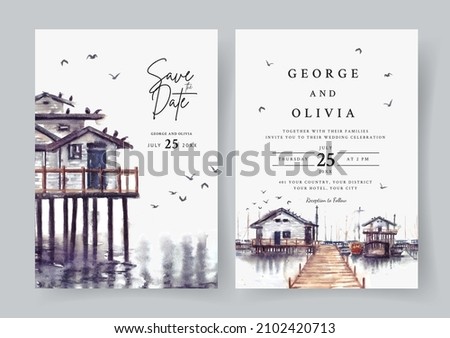 Wedding invitation of nature landscape with house and harbor view watercolor