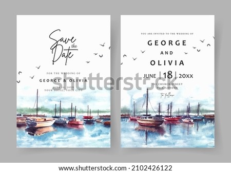 Wedding invitation of nature landscape with harbor and boat watercolor