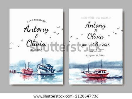 Wedding invitation of nature landscape with boat on sea watercolor