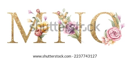 Golden alphabet set of M, N, O, with flowers and leaves watercolor for logo, wedding invitation, card, branding, initial, other concept ideas.  Foto stock © 