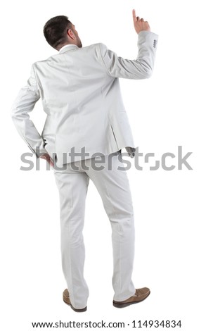 Back view of  thinking young business man in  white suit. Rear view. isolated over white background. Concept of idea, ask question, think up, choose, decide.