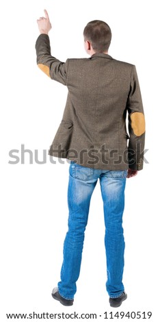 Back view of pointing business man  . gesticulating young guy suit jacket with patches on the sleeves. Rear view people collection.  backside view of person.  Isolated over white background.