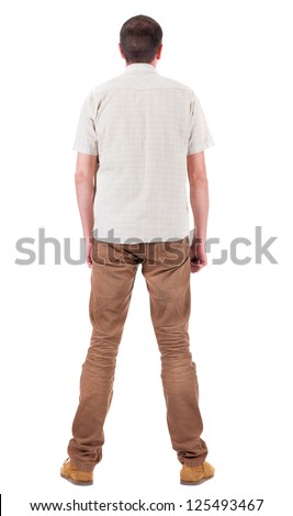 Back View Of Handsome Man In Shirt Looking Up. Standing Young Guy In ...