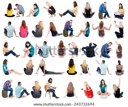 Collection back view of sitting people.  .  backside view of person.  Rear view people set. Isolated over white background.
