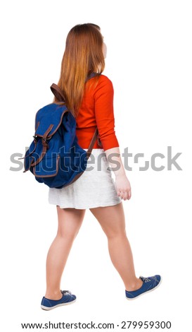 back view of walking  woman in dress with backpack.  girl in motion. backside view of person.  Rear view people collection. Isolated over white background. Young tourist in a white skirt is right.