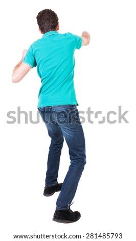 Back View Of Skinny Guy Funny Fights Waving His Arms And Legs. Isolated ...