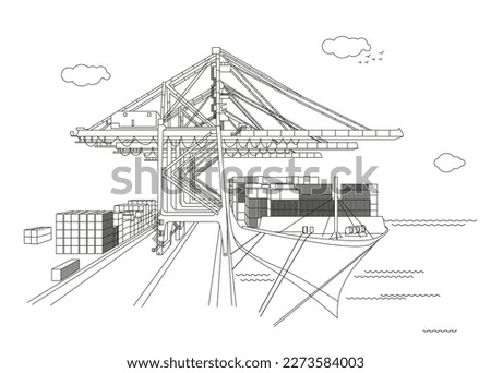 Cargo Crane, container and ships in Port, line vector illustration Art.