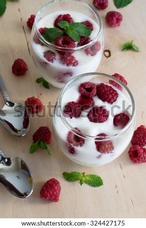 homemade yogurt with raspberry and mint leaves in glass, healthy and tasty diet, for weight losing, serving food