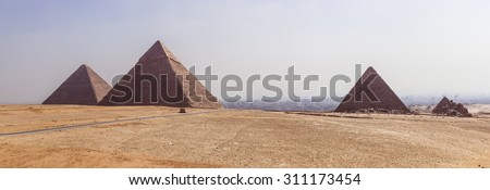 a panoramic view of the Pyramids of Giza, Egypt