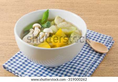 Thai Cuisine and Food, Thai Hot and Spicy Mixed Vegetables Soup Healthy Soup Made From Various Vegetables with Spices and Herbs.