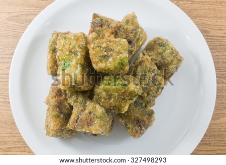 Chinese Traditional Food, Top View of Fried Chinese Pancake or Fried Steamed Dumpling Made of Garlic Chives, Rice Flour and Tapioca Flour.