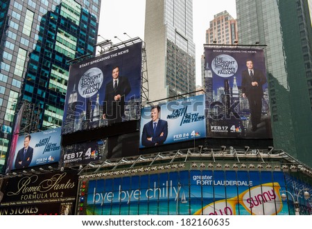 NYC, NEW YORK Ã¢Â?Â? CIRCA FEBRUARY 2014: Digital billboards showing advertisements for various products and television programs in Times Square.