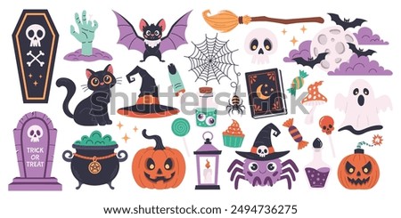 Happy Halloween day background element vector. Cute collection of creepy ghost, pumpkin, bat, candy, cat, skull, spider, grave, zombie hand. Adorable Halloween festival elements for decoration, prints