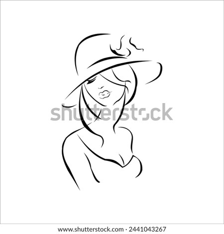 Image of a girl in a hat. Black and white vector image. Drawn on a graphics tablet in Adobe Illustrator. The image is intended for printing.