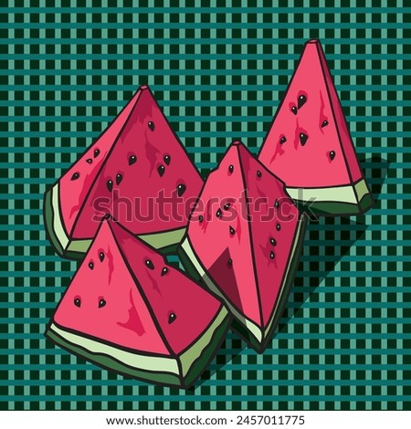 Watermelon slices. A color vector image on a green background. It is drawn by the Adobe Illustrator program on a graphic tablet. The drawing is intended for printing.
