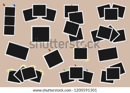 Set of square vector photo frames on sticky tape, pins and rivets isolated on beige background. Template photo design. Vector illustration