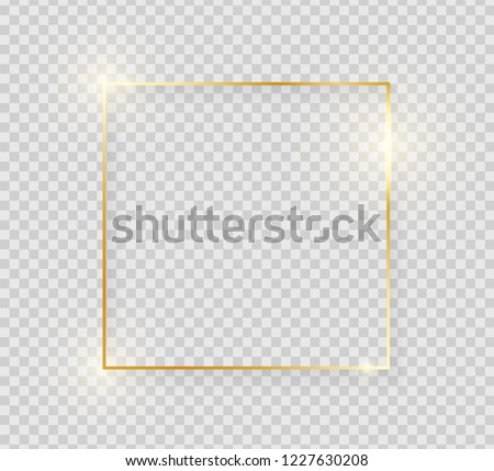 Gold shiny glowing vintage frame with shadows isolated on transparent background. Golden luxury realistic square border. Vector illustration