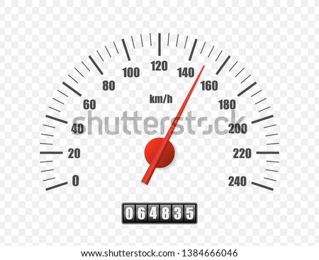 Realistic speedometer isolated on transparent background. Sport car odometer with motor miles measuring scale. Racing speed counter. Engine power concept template. Vector illustration