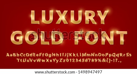 Shiny modern gold font isolated on red ambient background. Vintage golden numbers and letters with shadows. Detailed 3d alphabet. Typography yellow gold bold mockup. Anniversary letters. Vector