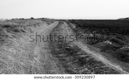 Dirt road trail in mountains black and white