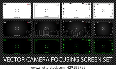 Modern digital video camera focusing screen with settings 12 in 1 pack. White, black and green viewfinders camera recording. Vector illustration