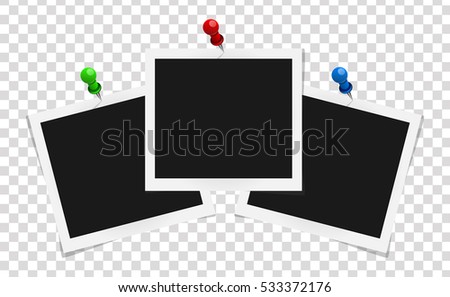 Set of square frames template on colored pins with shadows isolated on transparent background. Vector illustration