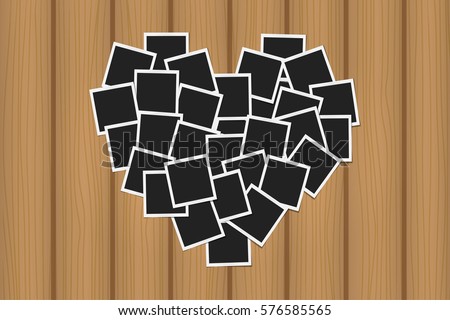 Heart concept made with photo frames on brown wooden texture. Memories, card, love template design. Vector illustration