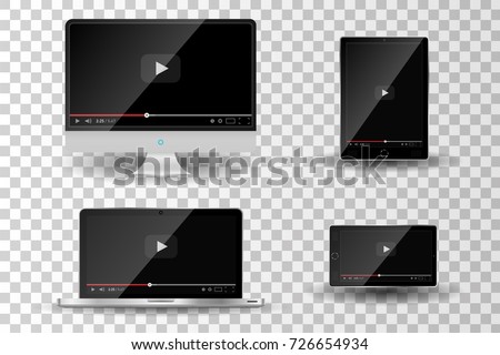 Realistic modern digital devices isolated on transparent background. Video player template. Vector illustration