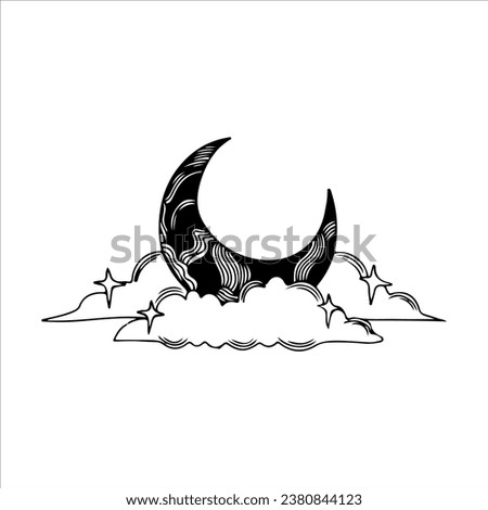 vector illustration of crescent moon with clouds