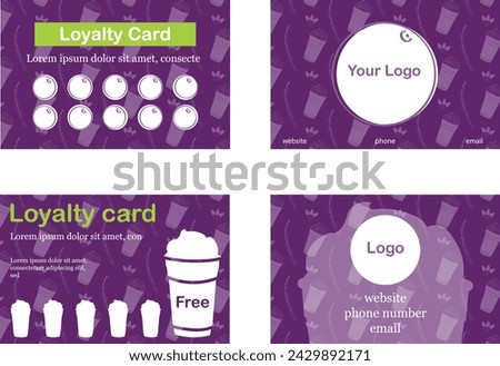 Brazilian acai berry. Loyalty card template with seamless pattern background, acai cup and acai berry. Collect stamps and enjoy one for free. 