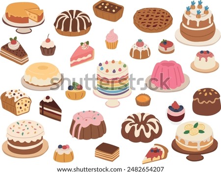 Dessert, cake isometric flat icon collection. 20+ piece of cake vector illustration