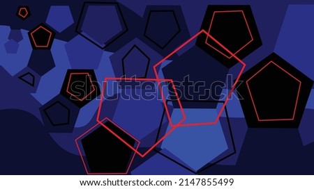 dark vector wallpaper. Geometric objects. Pentagons. Light blue to dark blue, almost black, color. Non-filled pentagons in black and red.