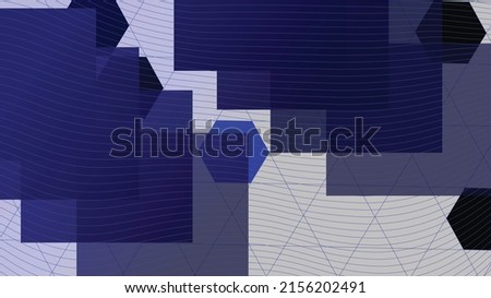 Vector wallpaper with geometric shapes in different shades of blue. Overlapping squares in e two groups. Background complemented by a grid of compound hexagons without colored fills. Lines.