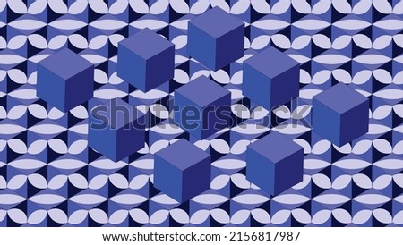 Vector tile background in shades of blue. Background fill with cubes on the sides with oval objects. Over the surface of nine blue large cubes. Blue vector wallpaper.