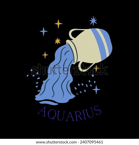 Vector illustration of zodiac signs. Aquarius sign. Latin title below illustration: 