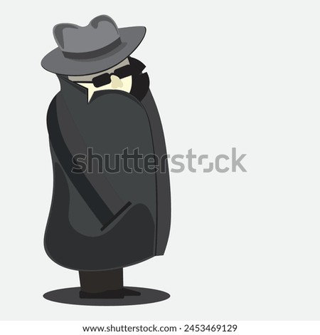 Vector illustration of a spy in a coat with a hat on his head with dark glasses on his eyes. Spy, detective, secret agent.