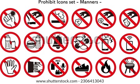 A set of prohibition marks for contents that are prohibited in hospitals and public facilities.