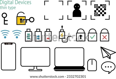  Illustration set of icons related to digital equipment.Parts are  mainly left as strokes (not expanded to fills)  to be editable easily.
