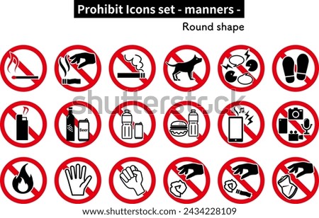 A set of prohibition marks for contents that are prohibited in hospitals and public facilities.