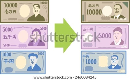 New Japan notes revised in 2024,  new and old design yen notes  illustration set