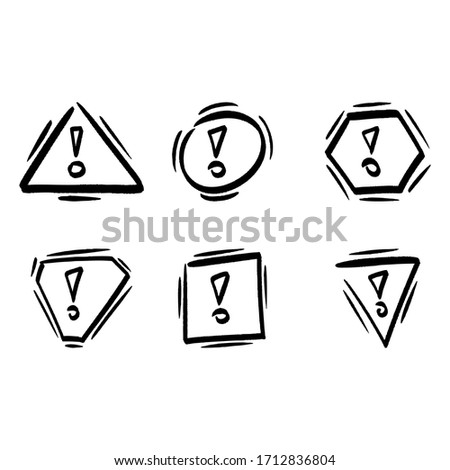 Set of warning signs with exclamation mark in different shapes. Triangle attention sign, circle danger sign, square  danger icon, hexahon warning sign. Hand drawn doodle style vector illustration.